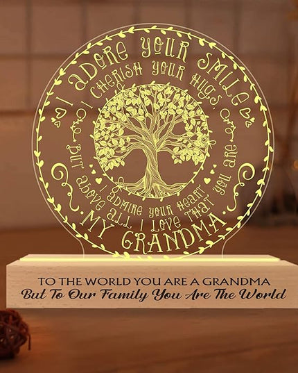 Grandma Gifts from Grandchildren, to My Grandma Night Light, Mothers Day Birthday Christmas Gifts for Grandma, Grandmother, Gifts Bedroom Décor, Lamp with Wooden Base for Women - LeafyLoom