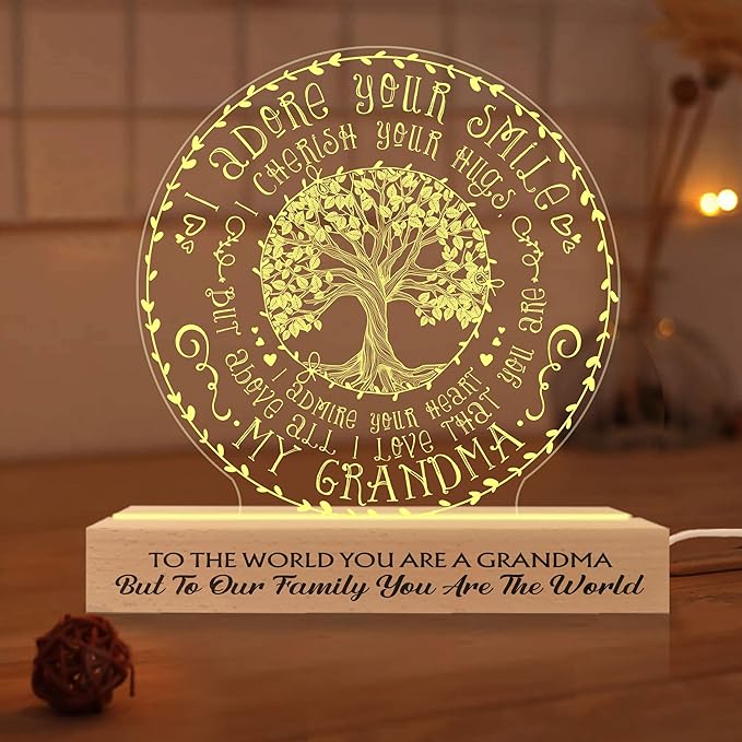 Grandma Gifts from Grandchildren, to My Grandma Night Light, Mothers Day Birthday Christmas Gifts for Grandma, Grandmother, Gifts Bedroom Décor, Lamp with Wooden Base for Women - LeafyLoom