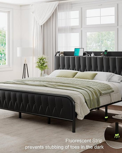 Feonase King Bed Frame with Type-C & USB Port, Metal Platform Beds, with Faux Leather Upholstered Headboard & Footboard, 12" Underbed Storage Space, Easy Assembly, Noise-Free, Black - LeafyLoom