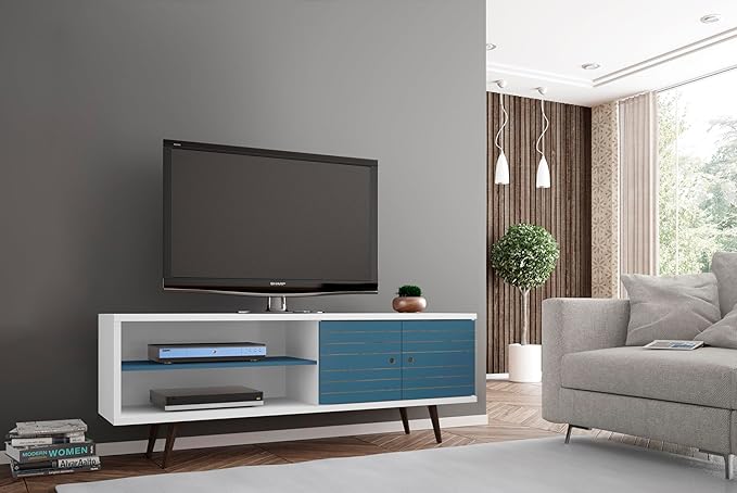 Manhattan Comfort Liberty Mid Century Modern TV Stand for Televisions up to 60 Inches, Bedroom and Living Room Entertainment Center with Storage, Shelves, and Cabinet, 63" Wide, White and Aqua Blue - LeafyLoom