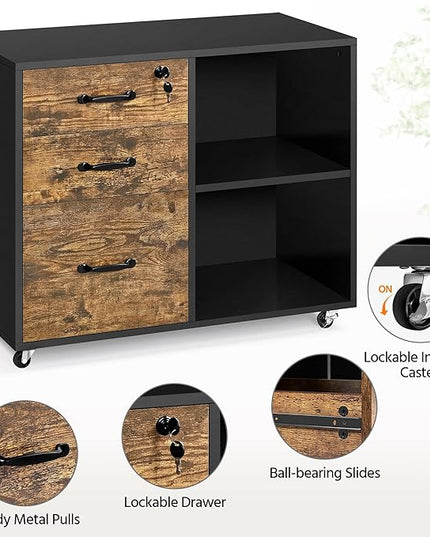 Yaheetech Lateral File Cabinet with Lock for Letter, A4 Size, 3 Drawer Printer Stand with Open Storage Compartments, Mobile Filing Cabinet for Home Office, Black/Rustic Brown - LeafyLoom