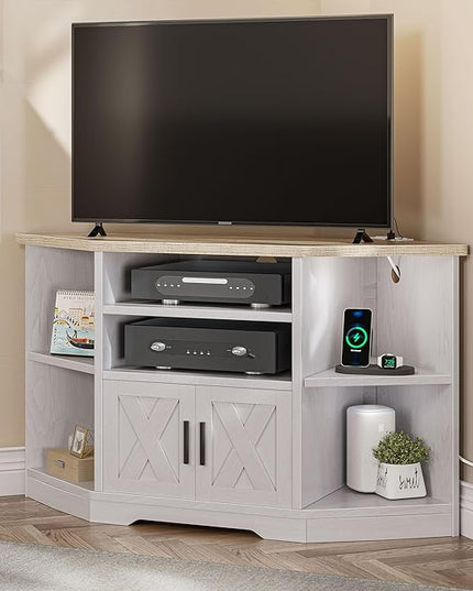 YITAHOME Corner TV Stand for TV Up to 55 Inch with Power Outlet, Farmhouse TV Console w/Adjustable Storage Shelf, Entertainment Center for Living Room,Bedroom, Grey White & Grey Wash, 47 inches - LeafyLoom