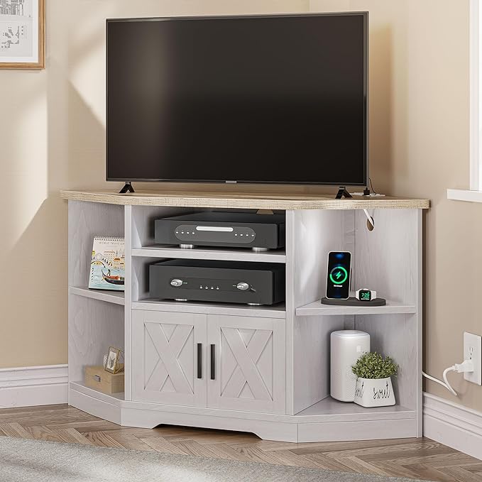YITAHOME Corner TV Stand for TV Up to 55 Inch with Power Outlet, Farmhouse TV Console w/Adjustable Storage Shelf, Entertainment Center for Living Room,Bedroom, Grey White & Grey Wash, 47 inches - LeafyLoom