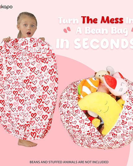 Wekapo Stuffed Animal Storage Bean Bag Chair Cover for Kids | Stuffable Zipper Beanbag for Organizing Children Plush Toys Large Premium Cotton Canvas (Heart, XX-Large) - LeafyLoom
