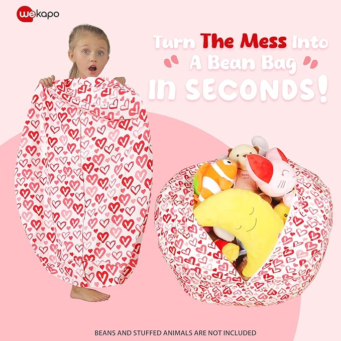 Wekapo Stuffed Animal Storage Bean Bag Chair Cover for Kids | Stuffable Zipper Beanbag for Organizing Children Plush Toys Large Premium Cotton Canvas (Heart, XX-Large) - LeafyLoom