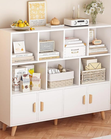 Cubby Shelf Bookcase with Doors - Wooden 11 Cube Floor Standing Open Bookshelf with Solid Wood Legs, 3-Tier Storage Cabinet, Warm White - LeafyLoom