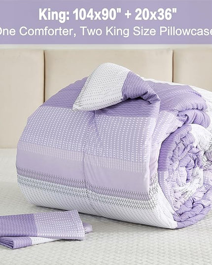 Litanika Lavender Comforter Set King - 3 Pieces Lightweight Lavender Purple White Colorblock Stripe Fluffy Bedding Comforter Sets, All Season Bed Set - LeafyLoom
