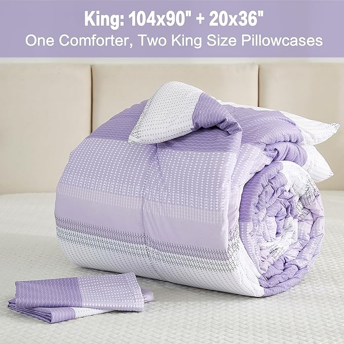 Litanika Lavender Comforter Set King - 3 Pieces Lightweight Lavender Purple White Colorblock Stripe Fluffy Bedding Comforter Sets, All Season Bed Set - LeafyLoom