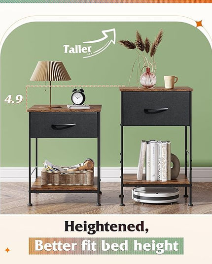 WLIVE Nightstand, End Table with Fabric Storage Drawer and Open Wood Shelf, Bedside Furniture with Steel Frame, Side Table for Bedroom, Dorm, Easy Assembly, Black and Rustic Brown, 24.9" Height - LeafyLoom