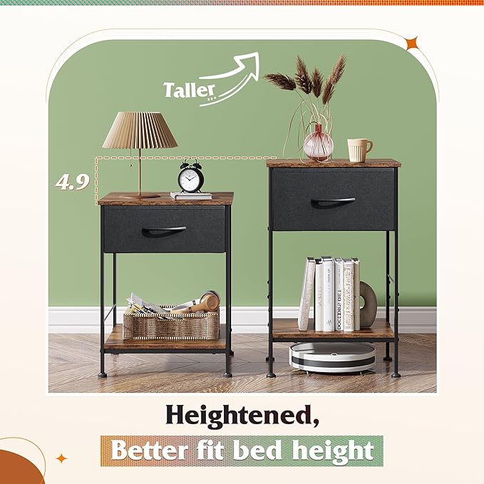 WLIVE Nightstand, End Table with Fabric Storage Drawer and Open Wood Shelf, Bedside Furniture with Steel Frame, Side Table for Bedroom, Dorm, Easy Assembly, Black and Rustic Brown, 24.9" Height - LeafyLoom