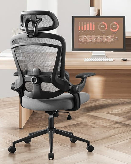 Ergonomic Office Chair, High Back Desk Chair with Adjustable Lumbar Support & Headrest,Comfortable Mesh Computer Chair with Soft Flip Up Arms, Adjustable Height and 120°Tilt,Grey - LeafyLoom
