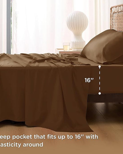 Bedsure Twin XL Sheet Set Dorm Bedding, Cooling Sheets Twin Extra Long Sheets, Rayon Derived from Bamboo, Deep Pocket Up to 16", Hotel Luxury Silky Bedding Sheets & Pillowcases, Brown - LeafyLoom