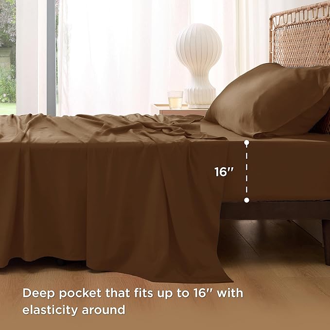 Bedsure Twin XL Sheet Set Dorm Bedding, Cooling Sheets Twin Extra Long Sheets, Rayon Derived from Bamboo, Deep Pocket Up to 16", Hotel Luxury Silky Bedding Sheets & Pillowcases, Brown - LeafyLoom