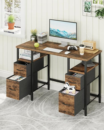 47'' Office Desk with 4 Fabric File Drawers - File Drawer Organization, Computer Work Desk, Study Writing Table, Home Office Workstation, Rustic Brown - LeafyLoom