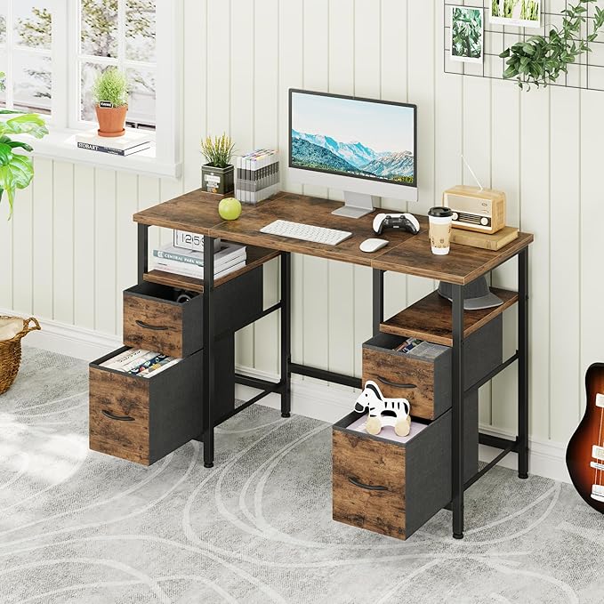 47'' Office Desk with 4 Fabric File Drawers - File Drawer Organization, Computer Work Desk, Study Writing Table, Home Office Workstation, Rustic Brown - LeafyLoom