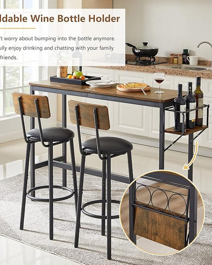Bar Table and Chairs Set for 2, 3 Pieces Pub Dining Table Set with Collapsible Bottle Holder, 2 Bar Stools PU Upholstery Seat with Backrest for Kitchen, Apartment, Small Space - LeafyLoom