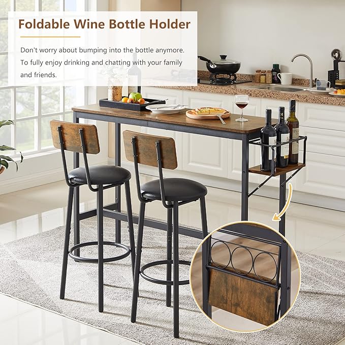 Bar Table and Chairs Set for 2, 3 Pieces Pub Dining Table Set with Collapsible Bottle Holder, 2 Bar Stools PU Upholstery Seat with Backrest for Kitchen, Apartment, Small Space - LeafyLoom