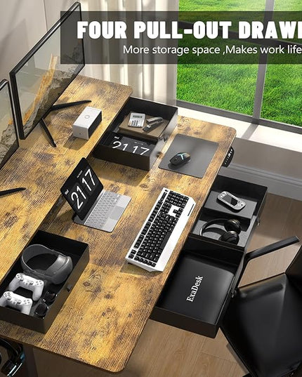 55 * 30 Inches Electric Standing Widened Desk Adjustable Height with 4 Drawers, Double Storage Shelves Stand Up Desk, Home Office Workstation Sit Stand up Desk (Rustic Brown) - LeafyLoom