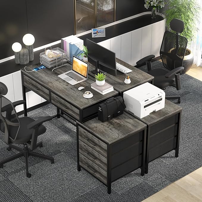 Computer Desk with 5 Drawers, Reversible Office Desk with Power Outlets and USB Charging Ports, Sturdy Writing Table with File Cabinet Printer Stand, PC Desk for Small Spaces, Black Oak - LeafyLoom
