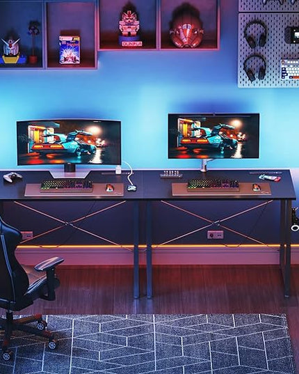 KKL Small Desk with Power Outlets and USB Port Computer Desk for Home Office Gaming Simple Modern Style Writing Desks with Storage Bag Headphone Hook, 32 inch, Black - LeafyLoom