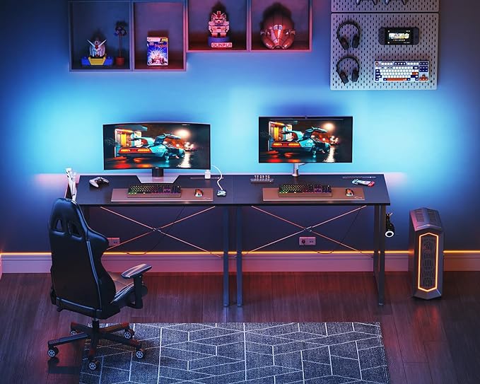 KKL Small Desk with Power Outlets and USB Port Computer Desk for Home Office Gaming Simple Modern Style Writing Desks with Storage Bag Headphone Hook, 32 inch, Black - LeafyLoom