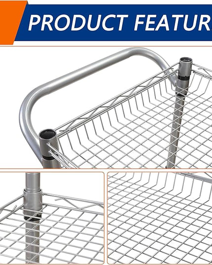 3 Tier Heavy Duty Rolling Utility Cart,18" D x 23.8" W x 36.6" H Rolling Carts with Wheels,Commercial Grade Metal Cart with Handle Bar & Shelf Liner,Trolley Serving Storage Cart for Kitchen Silver - LeafyLoom