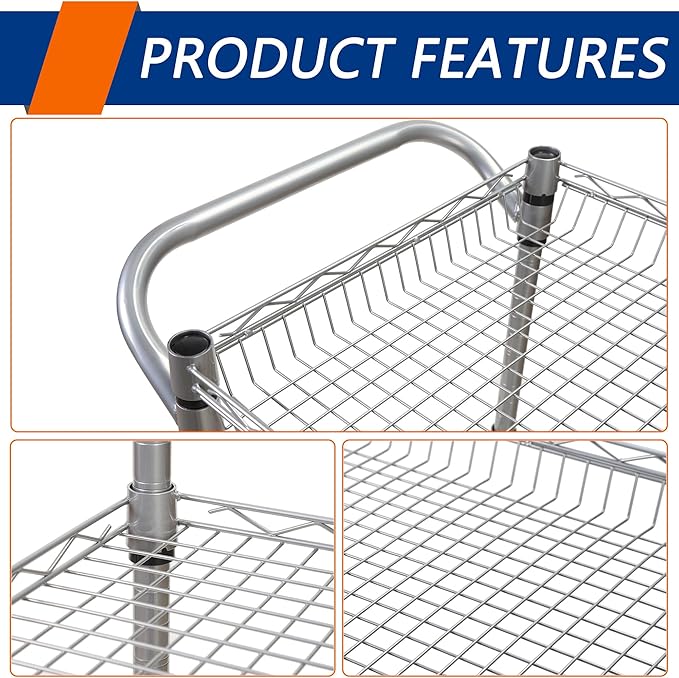 3 Tier Heavy Duty Rolling Utility Cart,18" D x 23.8" W x 36.6" H Rolling Carts with Wheels,Commercial Grade Metal Cart with Handle Bar & Shelf Liner,Trolley Serving Storage Cart for Kitchen Silver - LeafyLoom