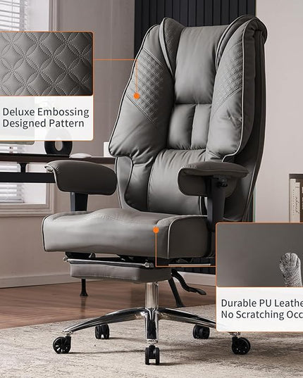 Big and Tall Office Chair 400lbs Wide Seat, Leather High Back Executive Office Chair with Foot Rest, Ergonomic Office Chair Lumbar Support for Lower Back Pain Relief (Grey) - LeafyLoom