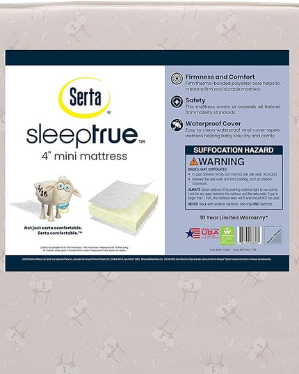 Delta Children Emery Mini Convertible Baby Crib with 2.75-inch Mattress, Bianca White & Serta SleepTrue Mini Crib Mattress, Premium Sustainably Sourced Fiber Core - LeafyLoom