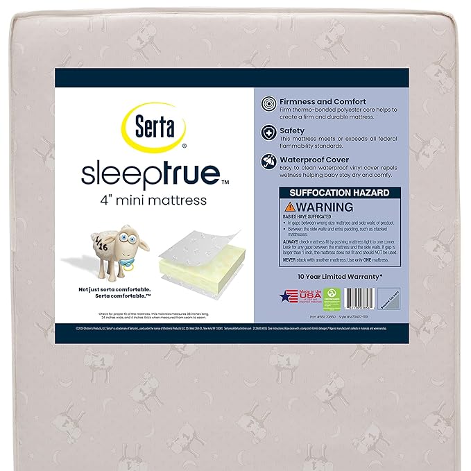 Delta Children Gio Mini Crib with 2.75" Mattress Included, Bianca White/Natural & Serta SleepTrue Mini Crib Mattress, Premium Sustainably Sourced Fiber Core - LeafyLoom