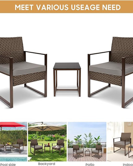 YIYAN 3 Pieces Outdoor Furniture Set Patio Rattan Wicker Chairs & teatable,Lawn Garden Balcony Backyard,with Washable Cushion (Gray) - LeafyLoom