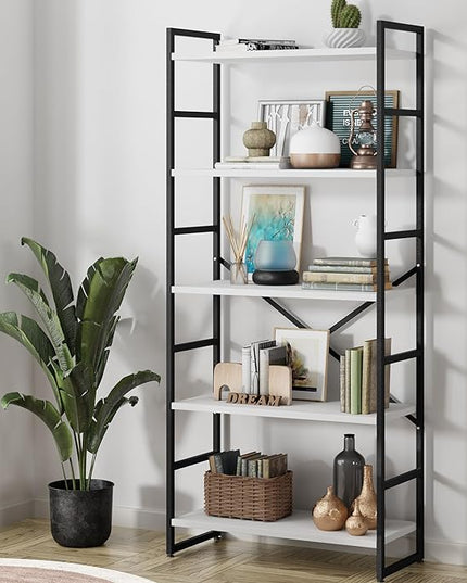 Shintenchi 2 Pieces 5 Tiers Bookshelf, Classically Tall Bookcase Shelf, Industrial Book Rack, Modern Book Holder in Bedroom/Living Room/Home/Office, Storage Rack Shelves for Books/Movies-White - LeafyLoom