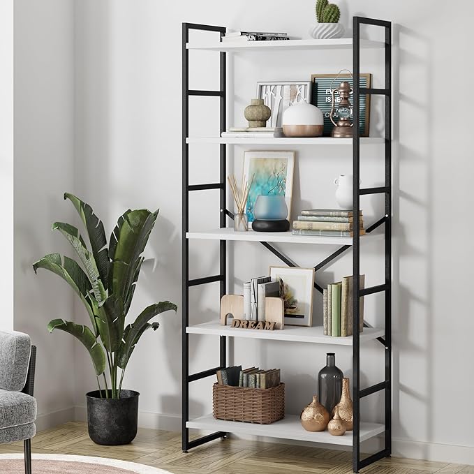 Shintenchi 2 Pieces 5 Tiers Bookshelf, Classically Tall Bookcase Shelf, Industrial Book Rack, Modern Book Holder in Bedroom/Living Room/Home/Office, Storage Rack Shelves for Books/Movies-White - LeafyLoom