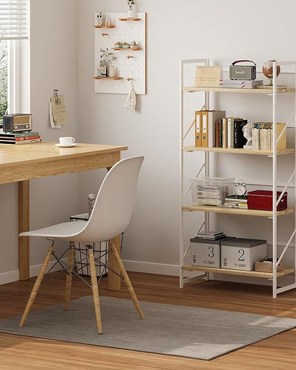 JSB No Assembly Folding Bookshelf, 4 Tier Industrial Metal Book Shelf for Storage, Vintage Wood foldable Bookcase for Living Room, Bedroom, Office Organization Shelves - LeafyLoom