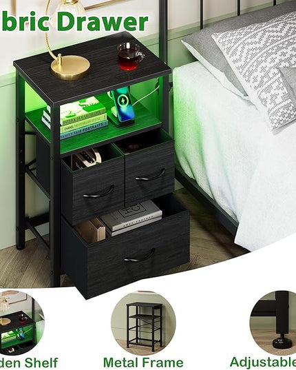 Furnulem Tall Night Stand with Charging Station and Led Light, Small Dresser with Open Shelf and 4 Storage Drawers, Black Side Table Fabric Nightstand for Bedroom, Entryway, Bedside Furniture - LeafyLoom