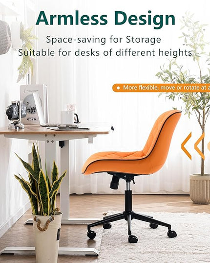 YOUNUOKE Office Chair Desk Chair with Wheels, Thick Upholstery Armless Computer Chair, Small Cute Office Chair Faux Leather Swivel Desk Chairs, Bedroom Side Chair Task Chairs, Orange - LeafyLoom