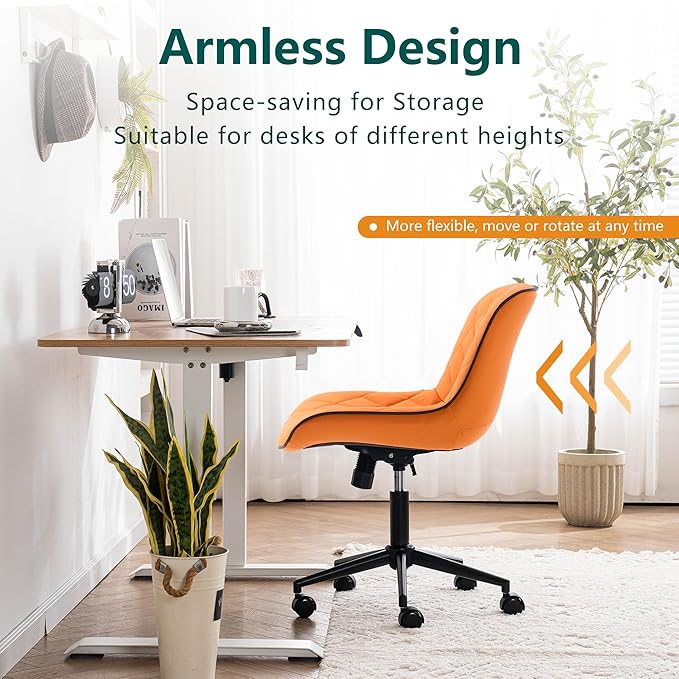 YOUNUOKE Office Chair Desk Chair with Wheels, Thick Upholstery Armless Computer Chair, Small Cute Office Chair Faux Leather Swivel Desk Chairs, Bedroom Side Chair Task Chairs, Orange - LeafyLoom