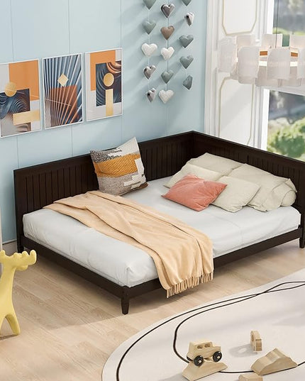 Jintop Full Size Wood Daybed with Slat Support,Sofa Bed Frame W/Backrest and Armrest,Easy to Install,for Teens Kids Girls Boys,Living Room Bedroom Apartment,Espresso - LeafyLoom
