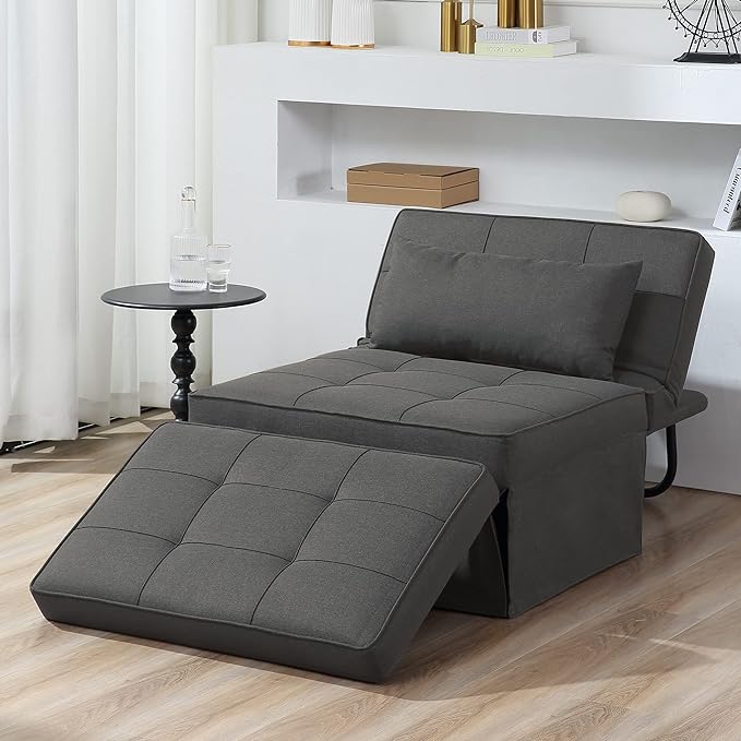 Sofa Bed, 4 in 1 Multi-Function Folding Ottoman Breathable Linen Couch Bed with Adjustable Backrest Modern Convertible Chair for Living Room Apartment Office, Dark Grey - LeafyLoom