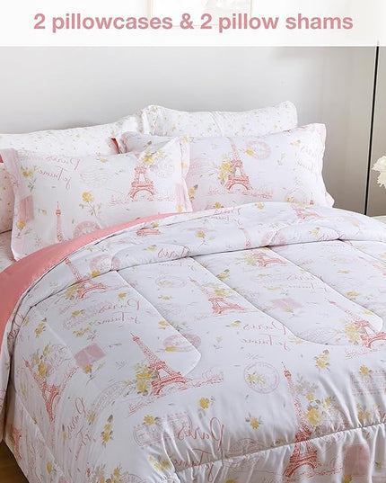 Printed Queen Bedding Sets with Comforter and Sheets, 7 Piece Bed in A Bag Comforter Set with Fluffy Microfiber, Romantic Paris City Floral Pink Retro Eiffel Tower Pattern - LeafyLoom