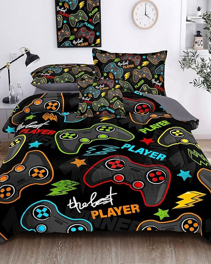 Kids Gaming Bedding Sets, 6 Piece Gamer Comforter Sets for Teens Boys Full Size for Bedroom Comforter Set Adult 3D Gamepad Microfiber Bedding Sets Fits All Season (Full Comforters Set) - LeafyLoom