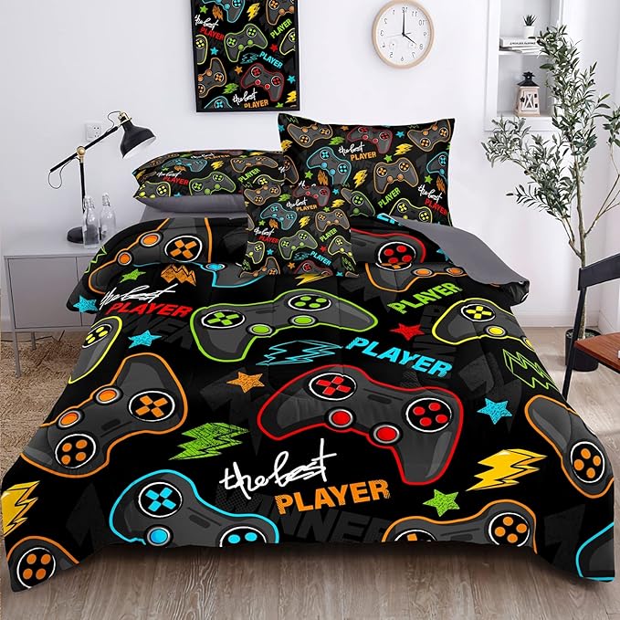 Kids Gaming Bedding Sets, 6 Piece Gamer Comforter Sets for Teens Boys Full Size for Bedroom Comforter Set Adult 3D Gamepad Microfiber Bedding Sets Fits All Season (Full Comforters Set) - LeafyLoom