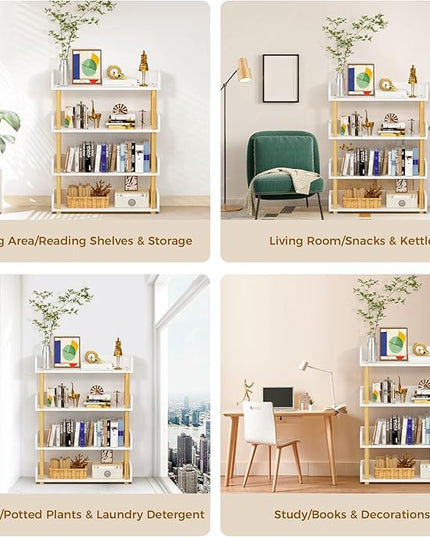 4-Tier Wooden Bookshelf, Modern Open Bookcase with Top Edge and Solid Wood Frame, Freestanding Bookshelf Storage Organizer for Home Office Living Room - LeafyLoom