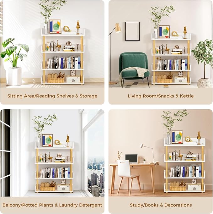 4-Tier Wooden Bookshelf, Modern Open Bookcase with Top Edge and Solid Wood Frame, Freestanding Bookshelf Storage Organizer for Home Office Living Room - LeafyLoom