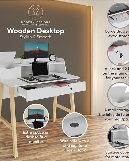 Roma Writing Desk - Elegant Wood Study Desk With Storage, Cable Holes & Drawers - Work Table for Home, Office, Dorm, Small Spaces - Compact Black Desk, 40x19x36.9” (white) - LeafyLoom