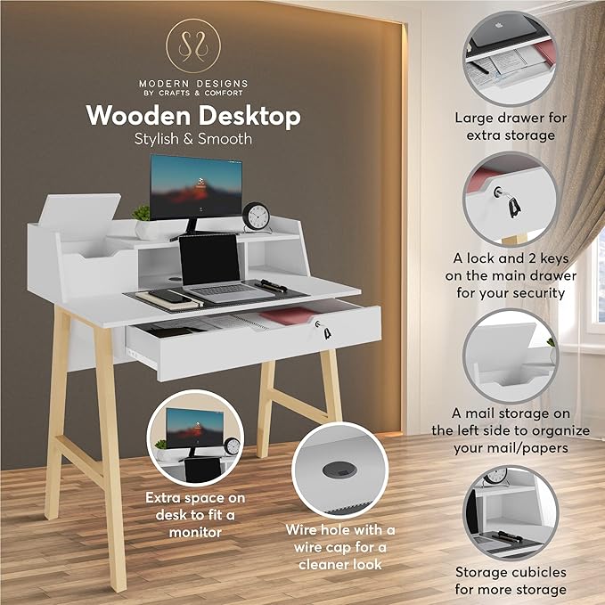 Roma Writing Desk - Elegant Wood Study Desk With Storage, Cable Holes & Drawers - Work Table for Home, Office, Dorm, Small Spaces - Compact Black Desk, 40x19x36.9” (white) - LeafyLoom