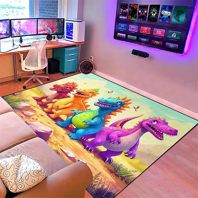 Dinosaur Rugs for Boys Bedroom - Cartoon Dinosaur Rug Dinosaur Carpet Playroom Mat for Kids Room Colorful Cute Dino Rug for Room Kids Carpet for Bedroom,4'5''×6' - LeafyLoom