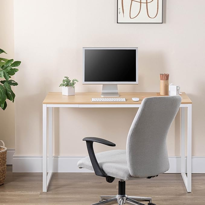 ZINUS Jennifer 47 Inch Computer Workstation / Office Desk - White Frame & Natural Top - LeafyLoom