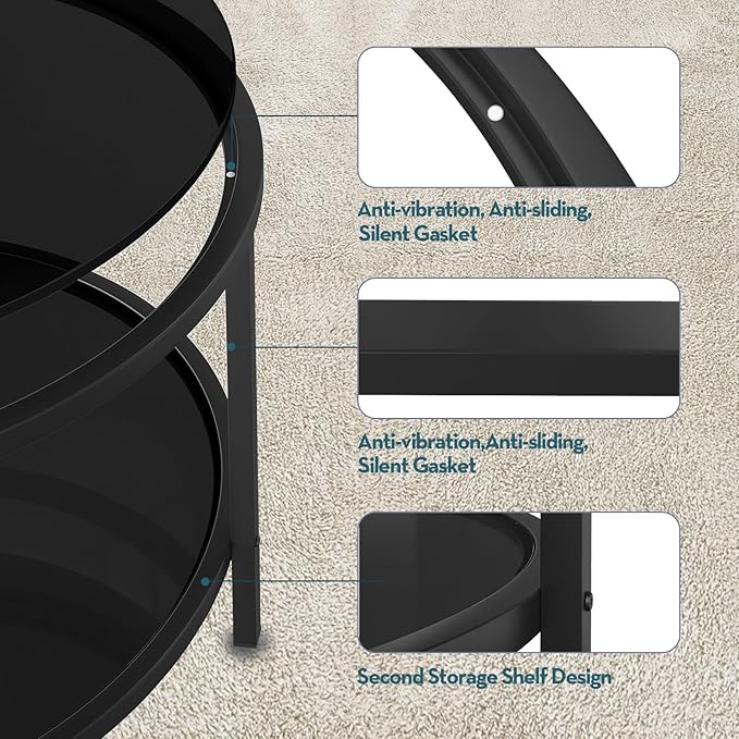 SAYGOER 27.6'' Round Coffee Table 2 Tier Black Glass Coffee Tables with Storage Shelf for Large or Small Space Modern Simple Sofa Table for Living Room Home Office, Easy Assembly… - LeafyLoom