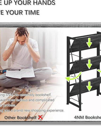 4NM No-Assembly Folding Bookshelf Storage Shelves 3 Tiers Vintage Bookcase Standing Racks Study Organizer Home Office (Gray and Black) - LeafyLoom